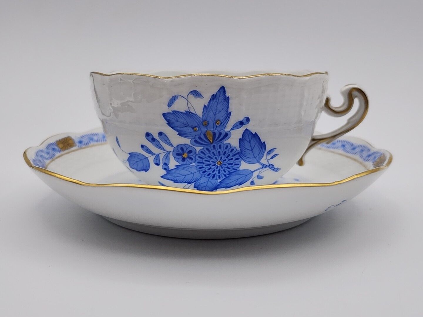 Herend Chinese Bouquet Blue Cup & Saucer Ornate Handle