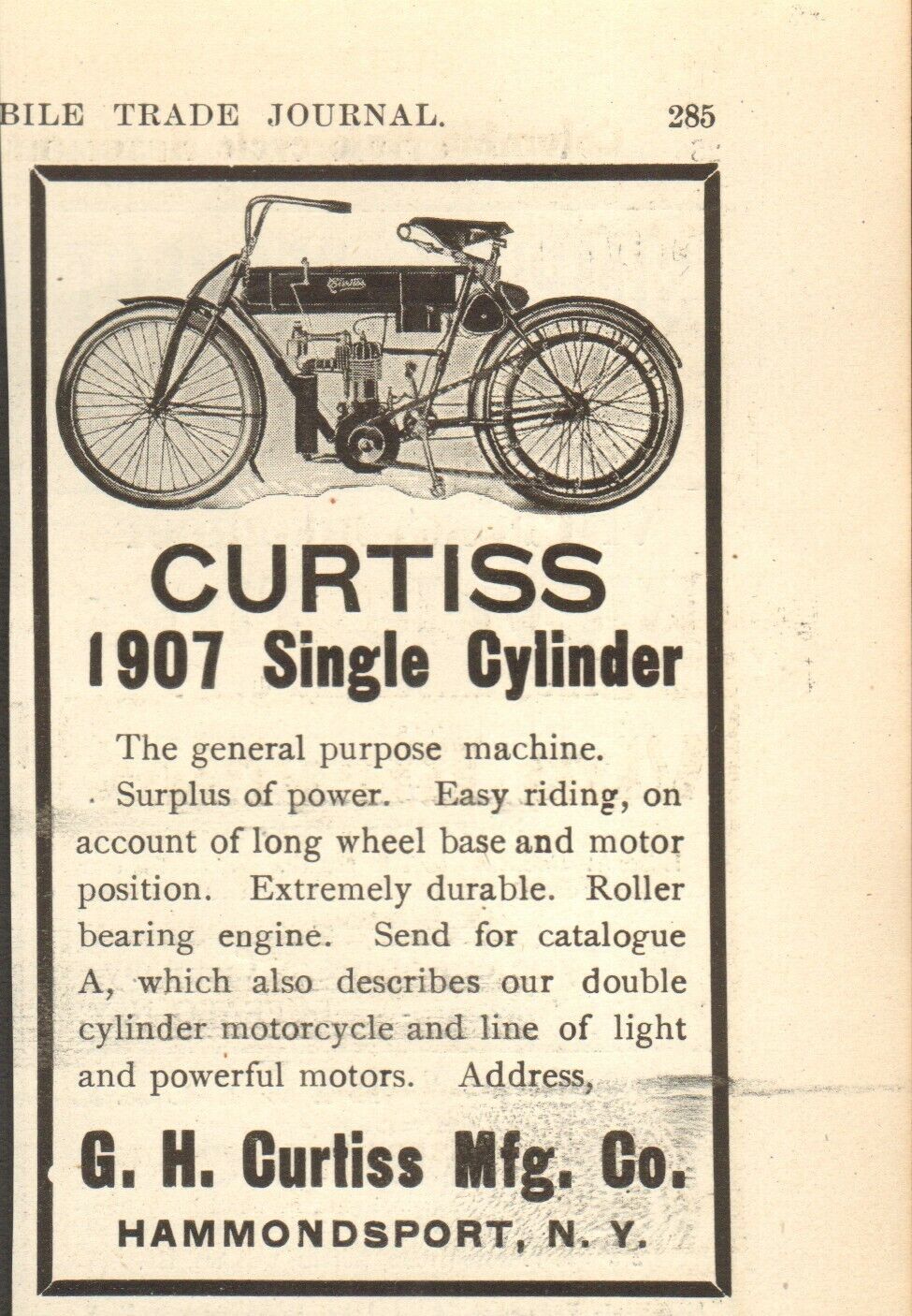 1907 CURTISS MOTORCYCLE SMALL AD HAMMONDSPORT NY  ORIGINAL VINTAGE 