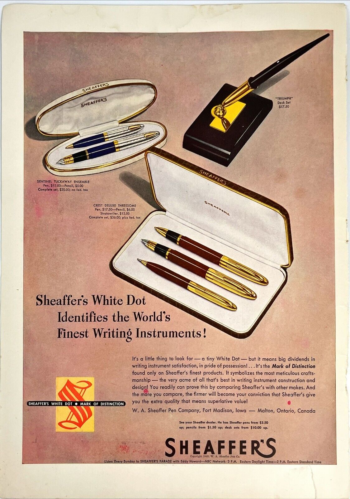Sheaffer\'s Pen Pencil Set Sentinel Stratowriter Crest Vtg Magazine Print Ad 1948