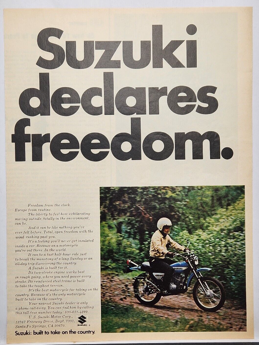 1971 Suzuki Motorcycles Declares Freedom Vintage Color Print Ad