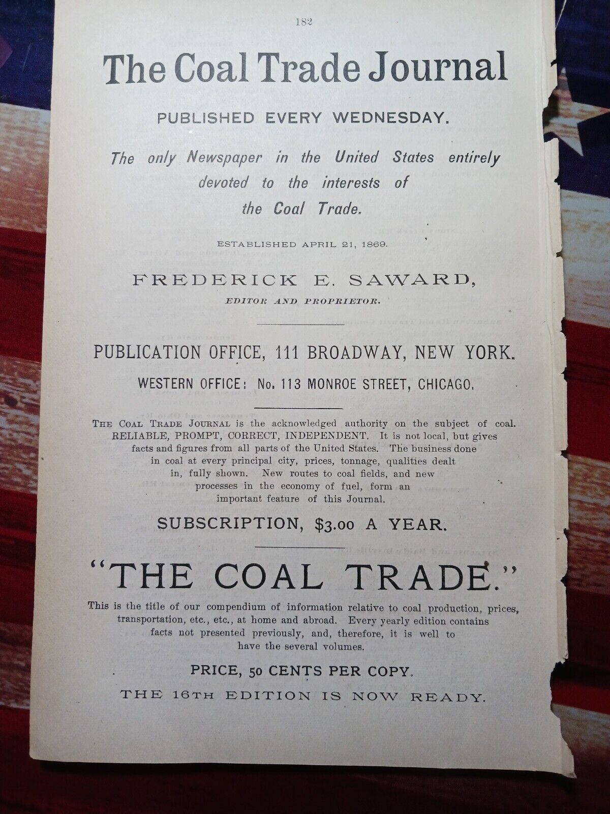 1889 Print Ad ~ THE COAL TRADE JOURNAL  weekly paper Frederick Saward Editor