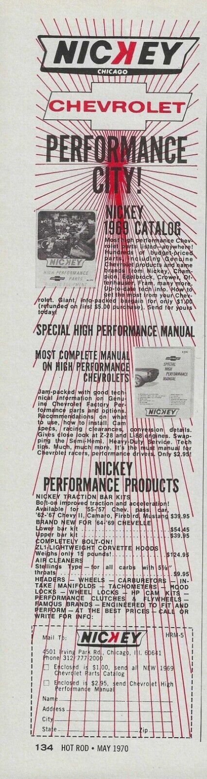 1969 Nickey Chevrolet High Performance Speed Parts Magazine Ad Chevy Z-28 L-88