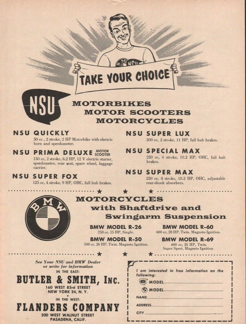 1957 BMW & NSU Dealers Butler & Smith / Flanders - Vintage Motorcycle Ad