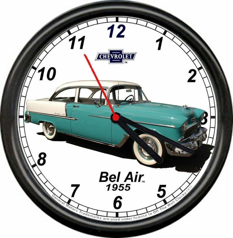 Licensed 1955 Teal Chevy Belair 2 Door Chevrolet General Motors Sign Wall Clock