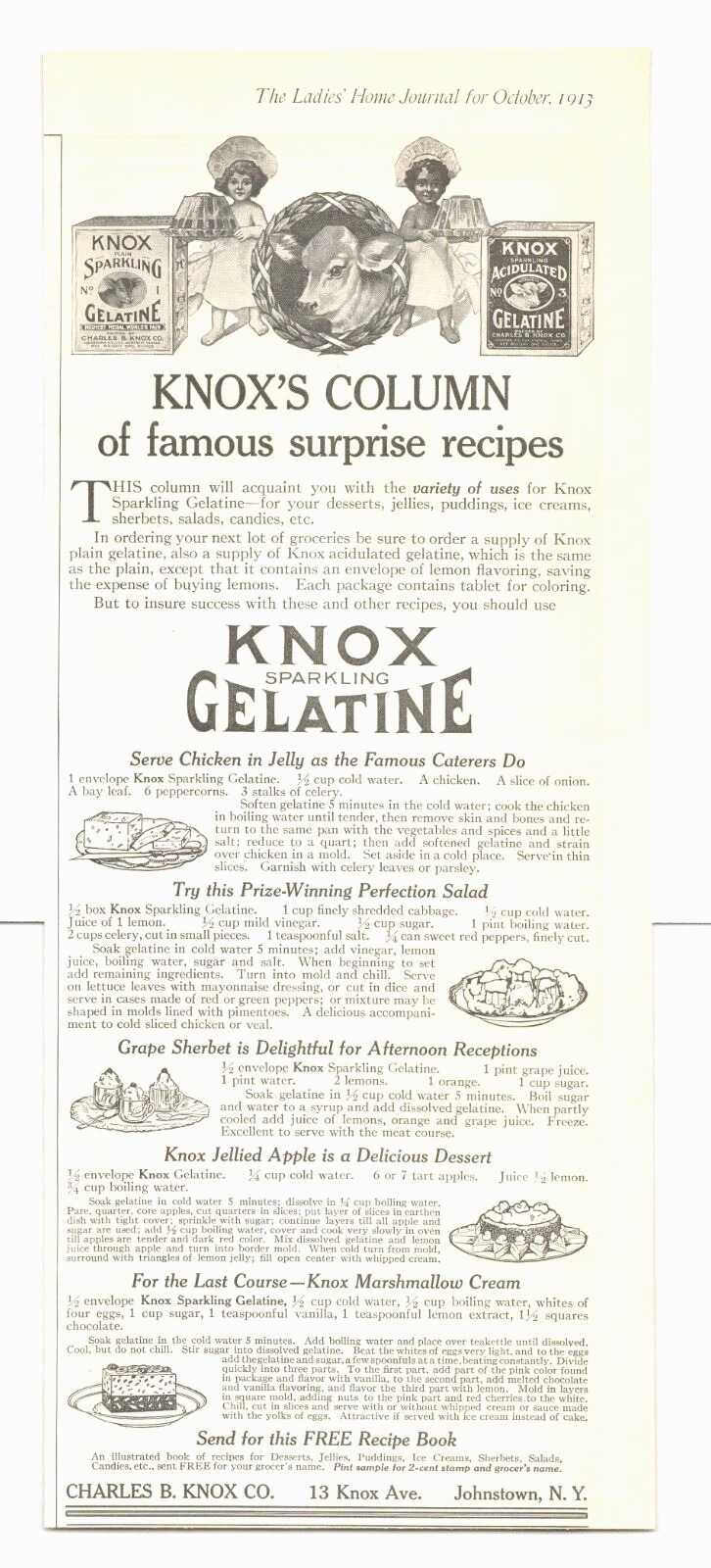 1913 KNOX GELATINE dessert cooking antique PRINT AD recipes gelatin