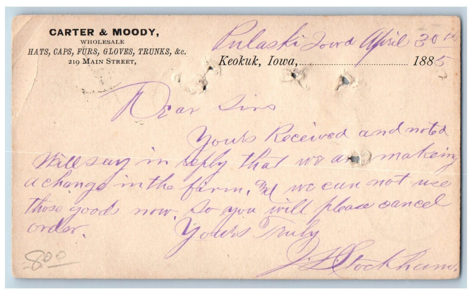 Pulaski Iowa IA Keokuk IA Postal Card Carter & Moody Wholesale 1885 Posted