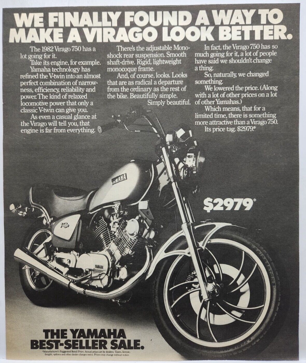1982 Yamaha Virago 750 Motorcycle Vintage Print Ad Man Cave Poster Art 80\'s