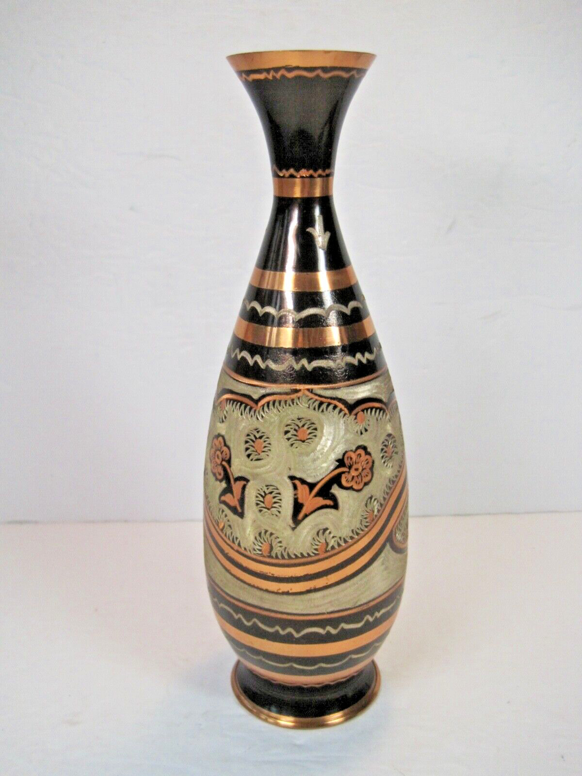 Vintage Hand Made Engraved Copper Floral Pedestal Vase 9\