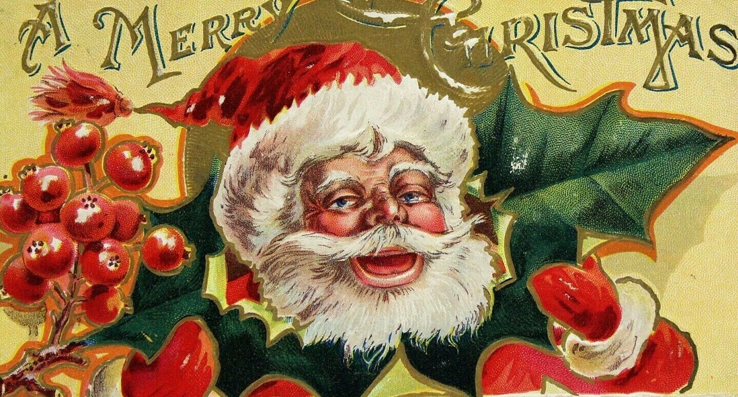C. 1909 Santa Claus Cherry Red Cheeks Red Gloves Embossed Postcard RARE
