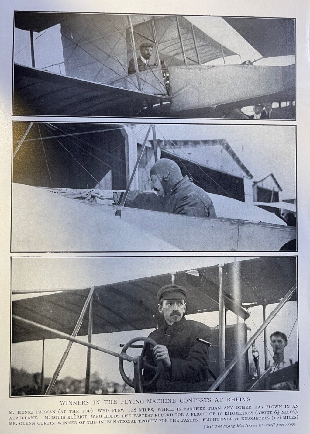 1909 Vintage Magazine Print Aviator Henry Farman Flying at Reims France