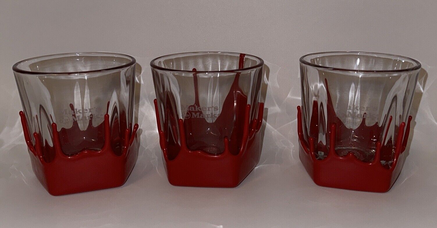 Set of 3 Maker's Mark Red Wax Dipped Rocks Low Ball Whiskey Glasses