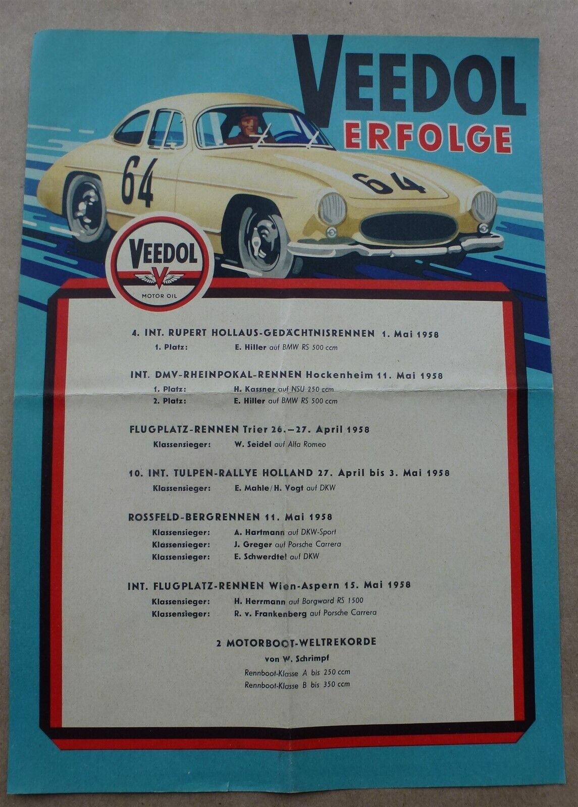 Poster Veedol 1958 Motor Oil Erfolge Successes flyer Mercedes illustration A