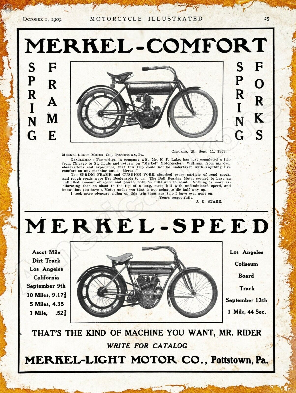 1909 Merkel Light Motor Co. Motorcycles New Metal Sign: Pottstown, Pennsylvania