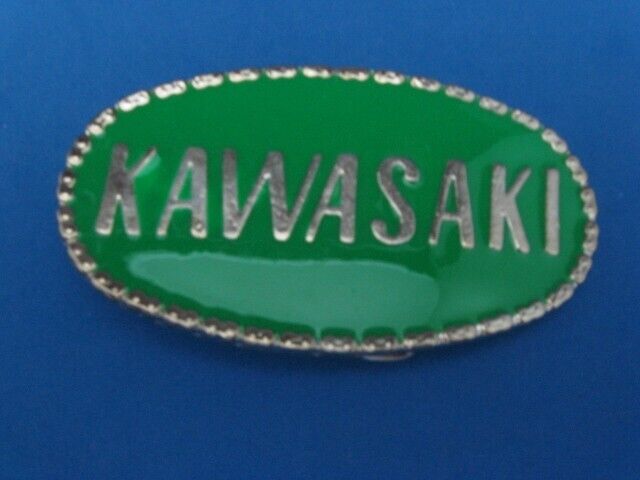 Vintage Kawasaki pewter style metal belt buckle green Made in USA - Collectible