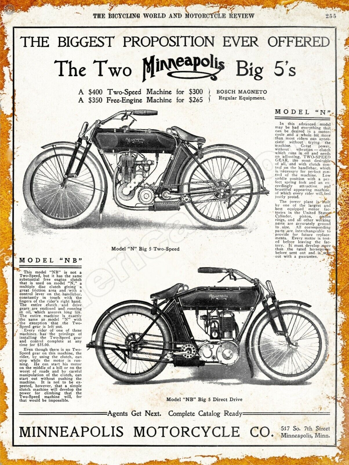 1911 Minneapolis Motorcycle Company Big 5 New Metal Sign: Minneapolis Minnesota