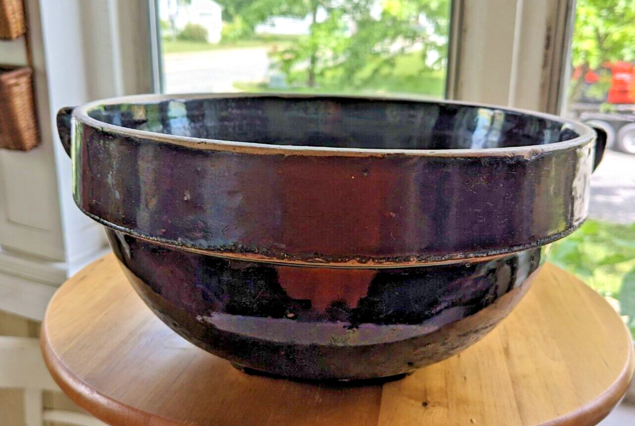 Vintage Large Brown Glazed 4  Footed Stoneware Bowl  10.5 