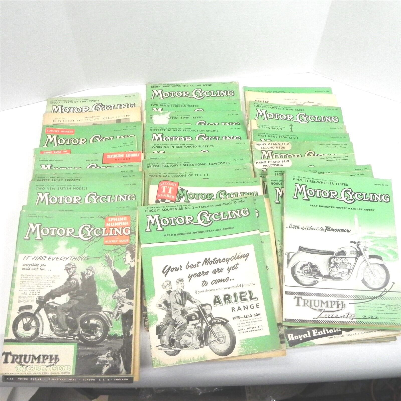 1958 MOTOR CYCLING MAGIZINE LOT OF 40 ISSUES TRIUMPH MATCHLESS ROYAL ENFIELD