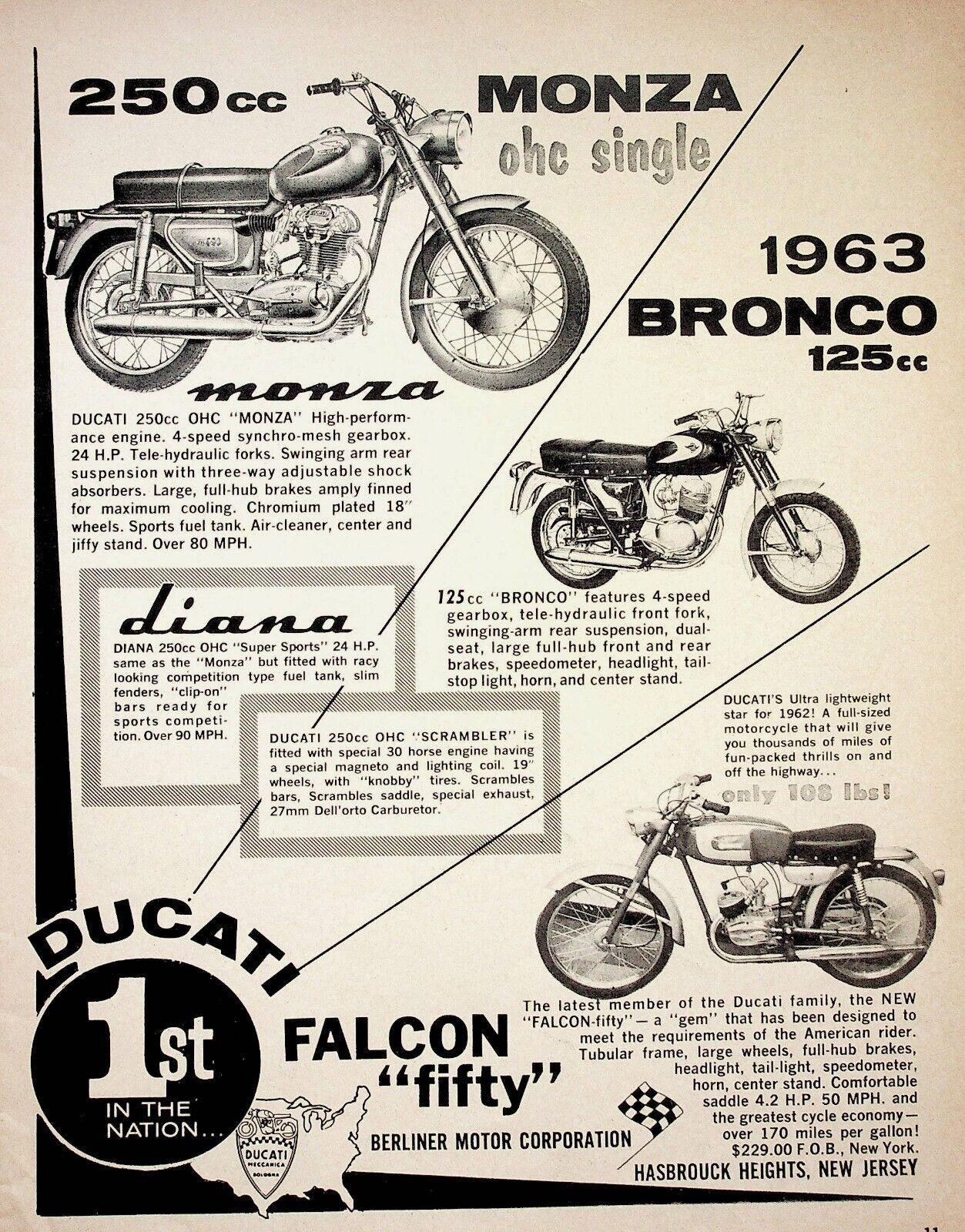 1963 Ducati Falcon Fifty Bronco Monza & More - Vintage Motorcycle Ad