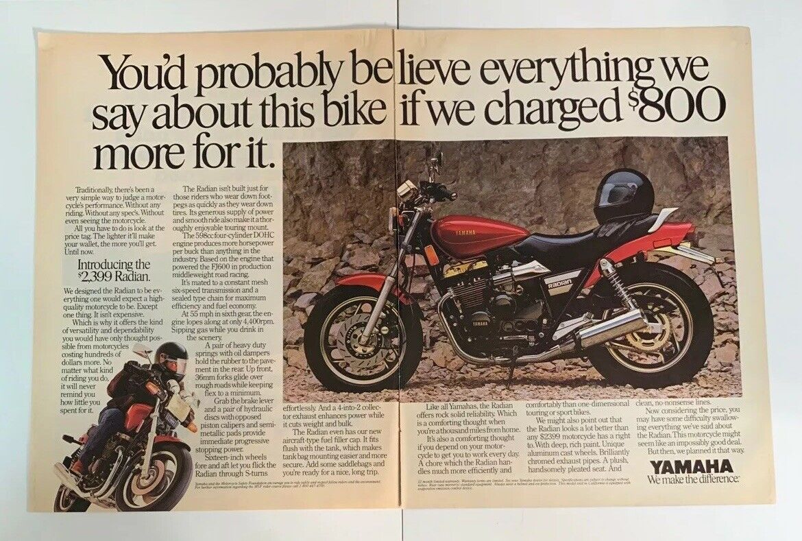 1986 Yamaha Radian Motorcycle 598cc Original Print Ad Magazine 2 Page
