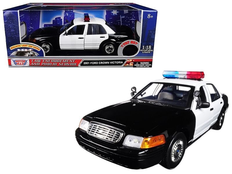 2001 Ford Crown Victoria Police Car Plain Black & White with Flashing Light Bar