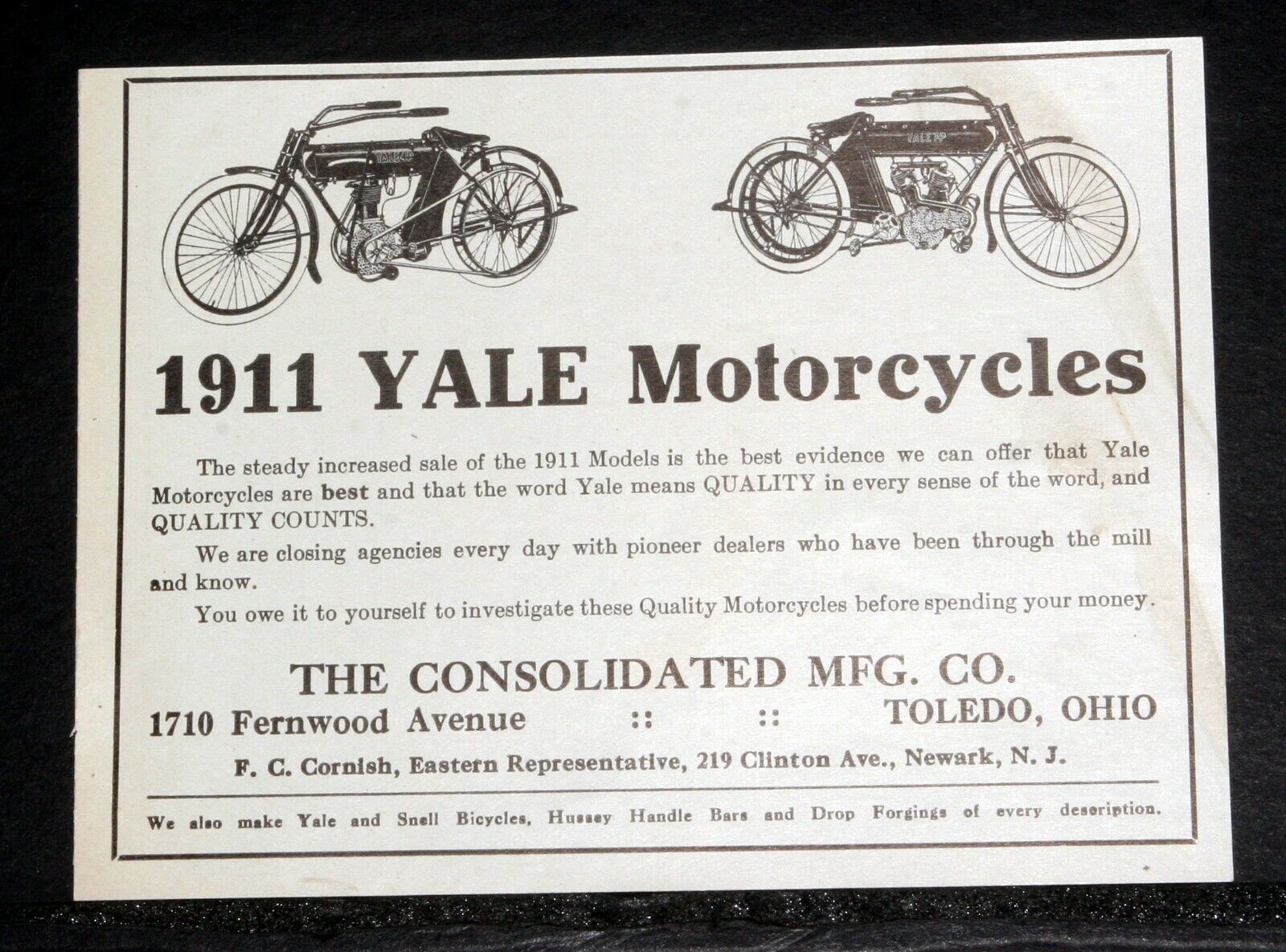 1911 OLD MAGAZINE PRINT AD, 1911 YALE MOTORCYCLES, WITH STEADY INCREASED SALES