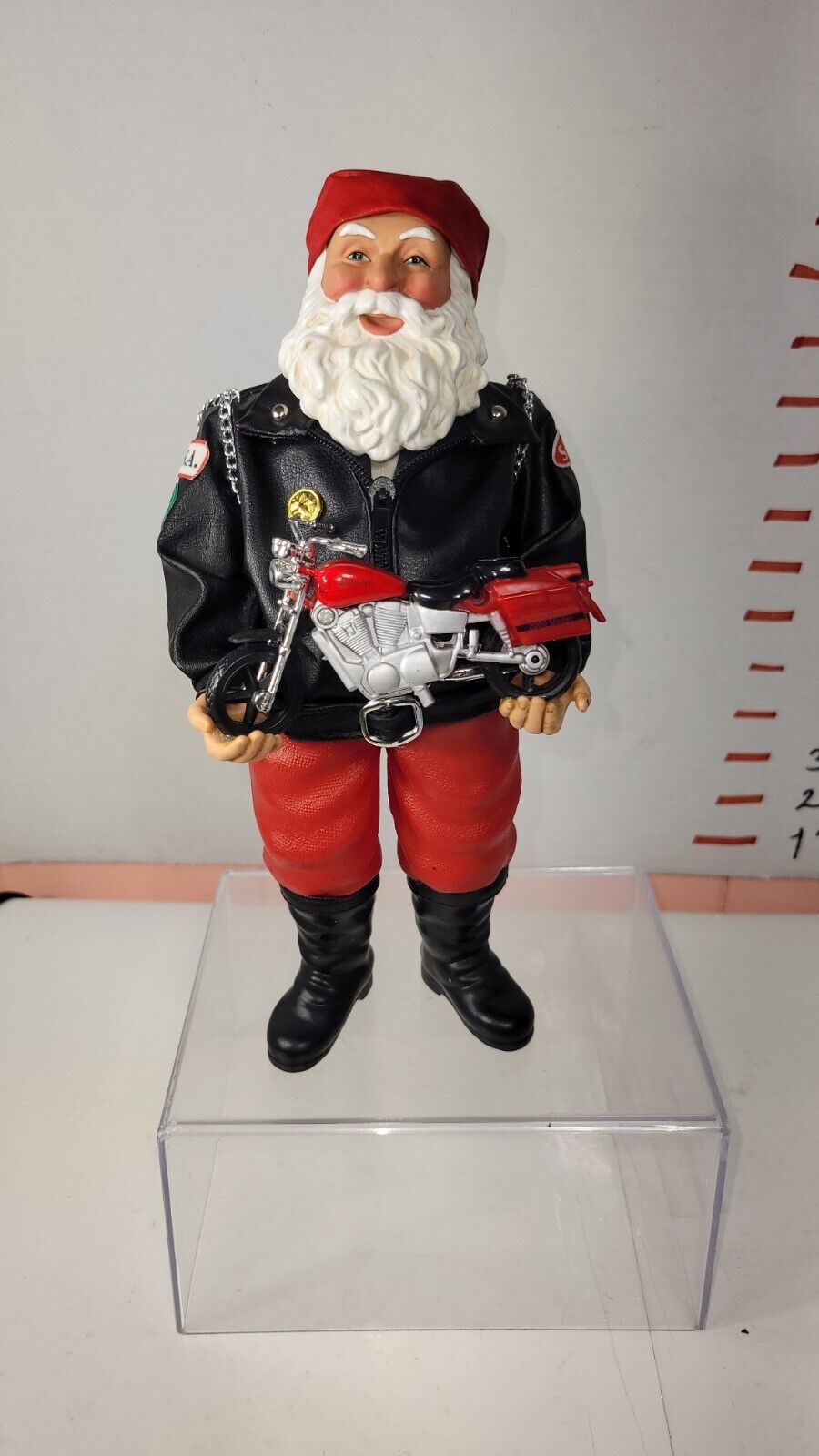 Biker Santa 10.5” Figure Black Leather Jacket, Bandana Holding Motorcycle
