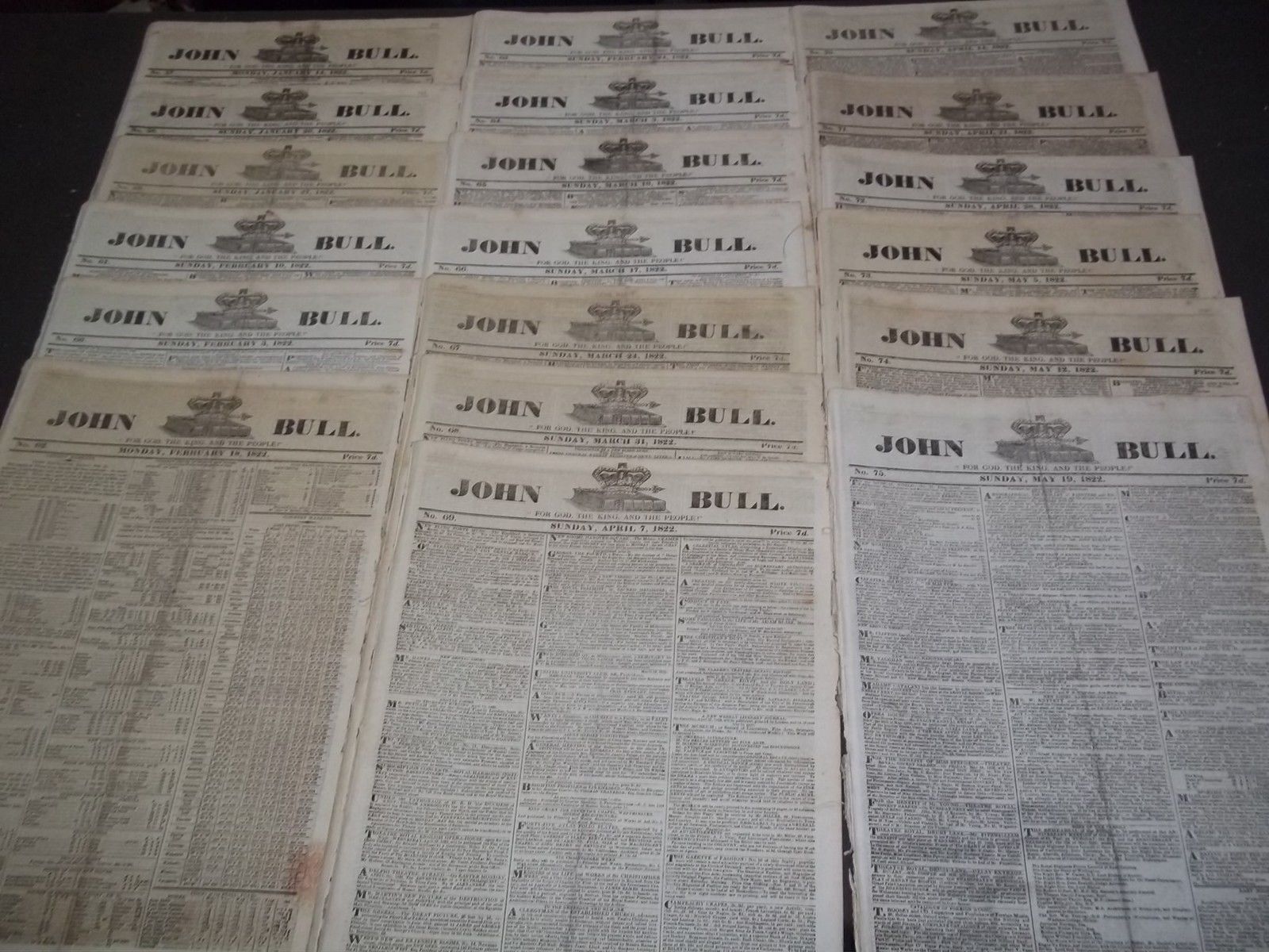1822 JOHN BULL NEWSPAPER LOT OF 19 DIFF - PUBLISHED IN LONDON - #57-75 - NP 1504