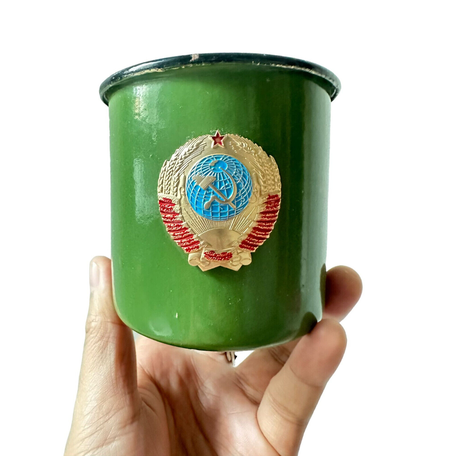 Enamel Mug Cup USSR Original Russian Army Soviet Soldier Green Metal NOS 1Pcs.