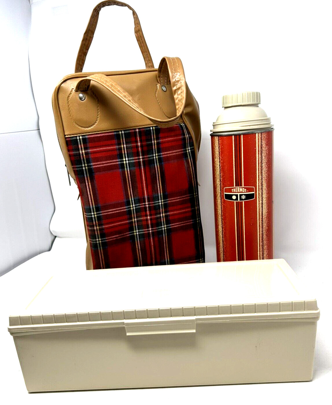 Vintage 1971 King Seeley Thermos Red Plaid Picnic Set w/Box-Thermos & Carry Bag