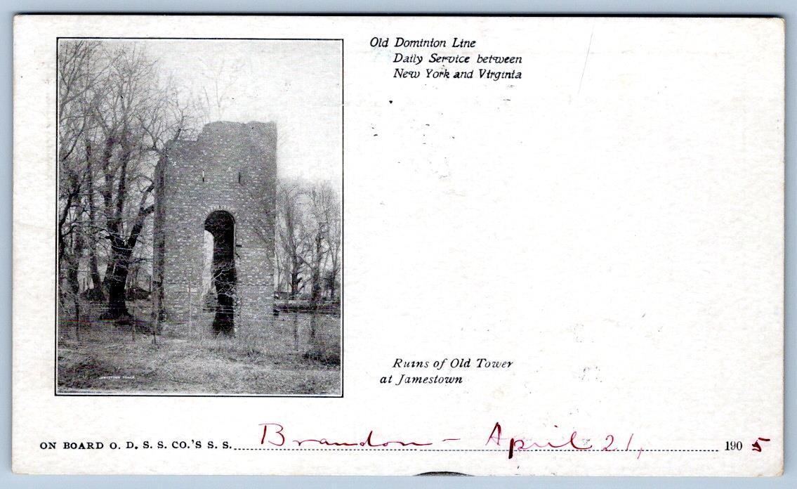 1905 OLD DOMINION LINE ON BOARD STEAMSHIP OLD TOWER JAMESTOWN VA POSTCARD