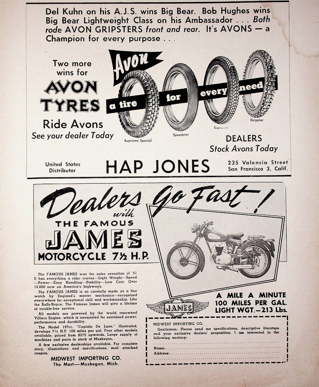 1952 The Famous James Motorcycle 197cc Captain De Luxe Muskegon MI - Vintage Ad