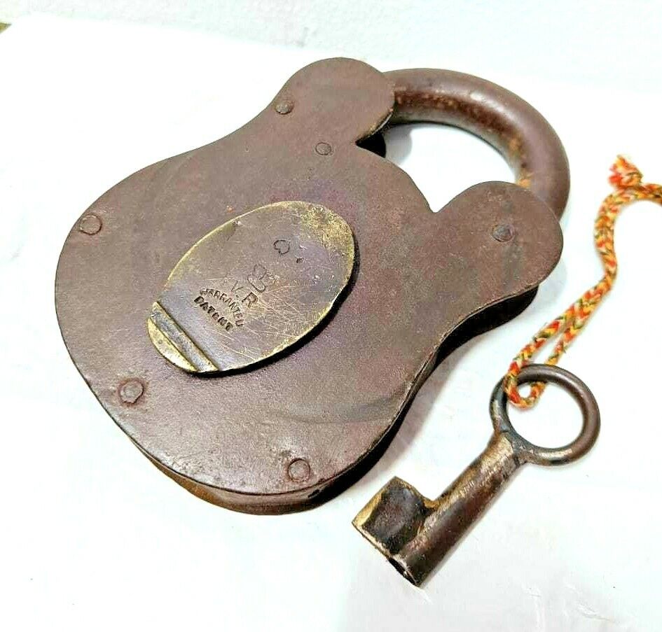 Original 1930's Old Antique Unique V R Crown Patent Seal Engraved Iron Lock Key