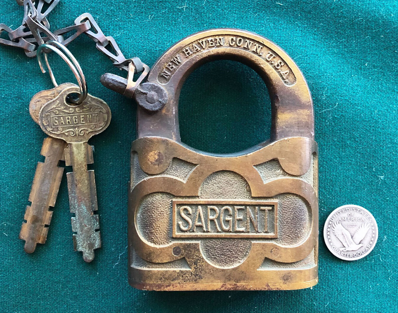 Vtg SARGENT Brass LARGE 4 inch Warded Lever Padlock + 2 Original Keys - RARE