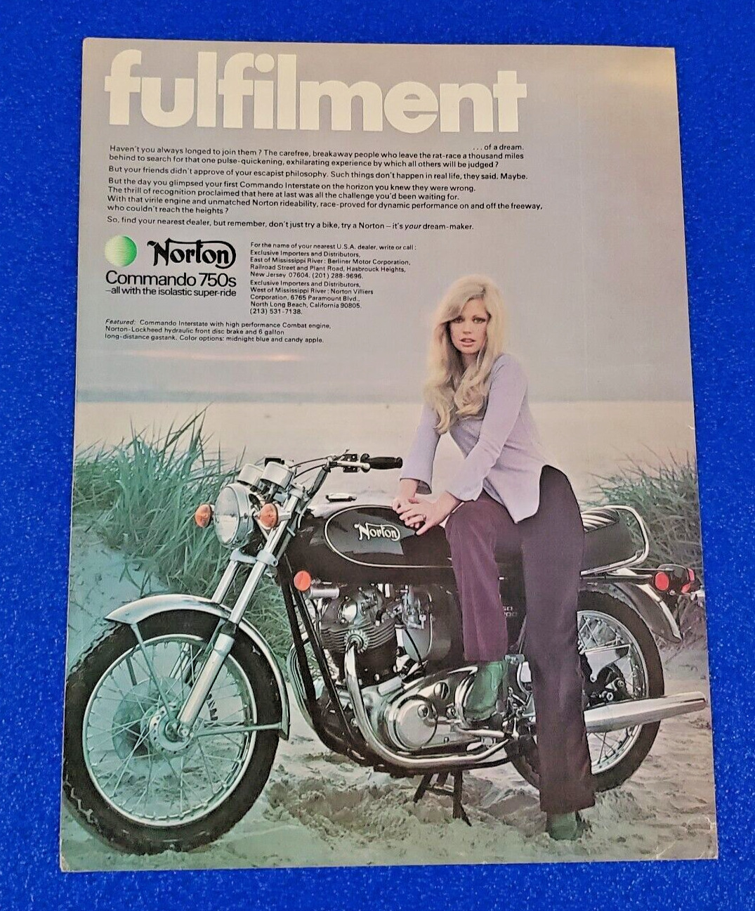 1972 NORTON COMMANDO 750cc MOTORCYCLE ORIGINAL PRINT AD (LOT MIDNIGHT BLUE)