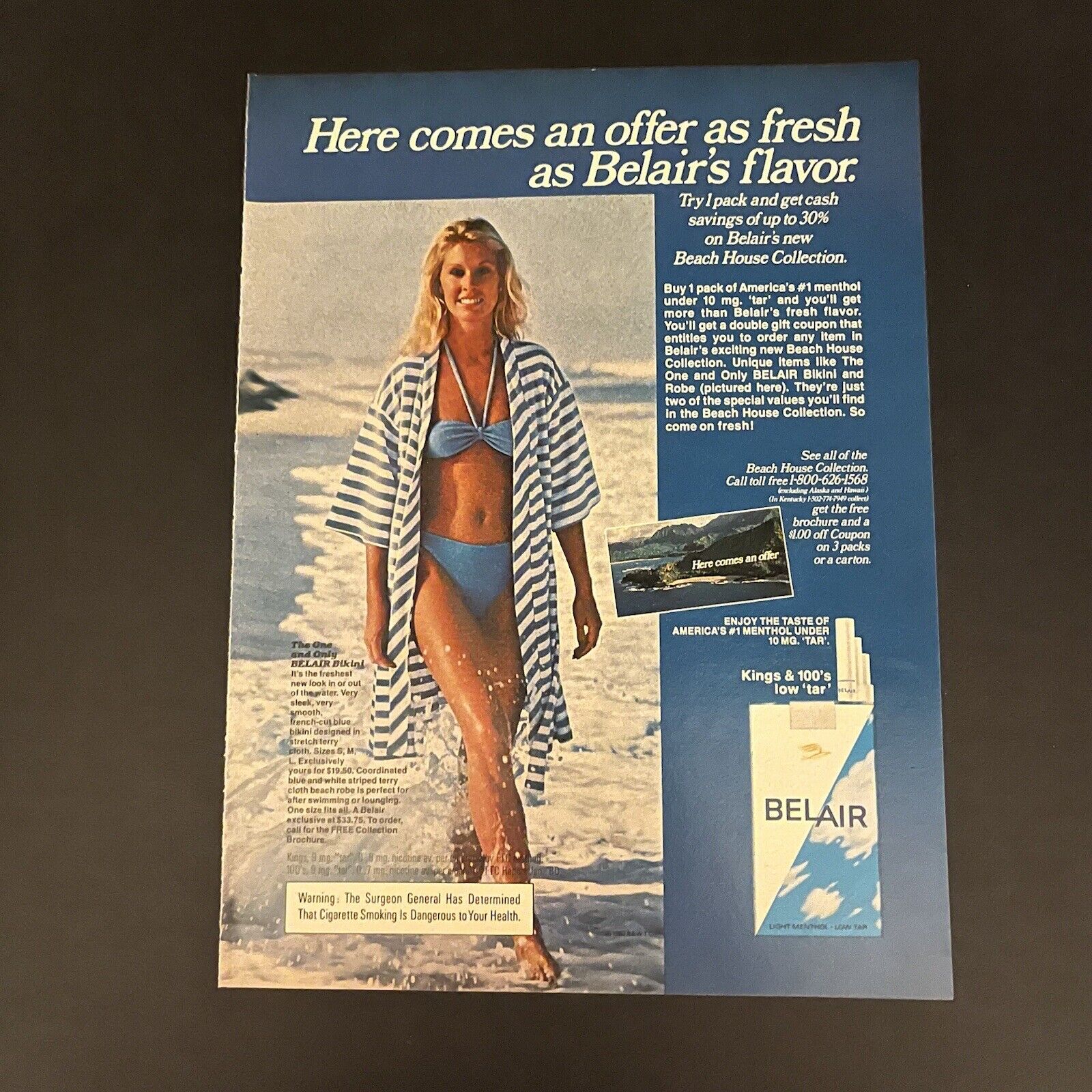 1980 Belair Cigarettes Print Ad Original Vintage Blond Bikini Model Beach House