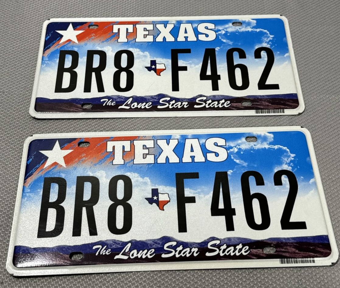 2 Texas License Plates Matching Pair Colorful Clouds 2009 Car BR8 F462 Star Flag