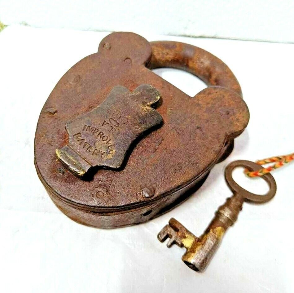 Original 1930's Old Antique Unique V R Crown Patent Seal Engraved Iron Lock Key
