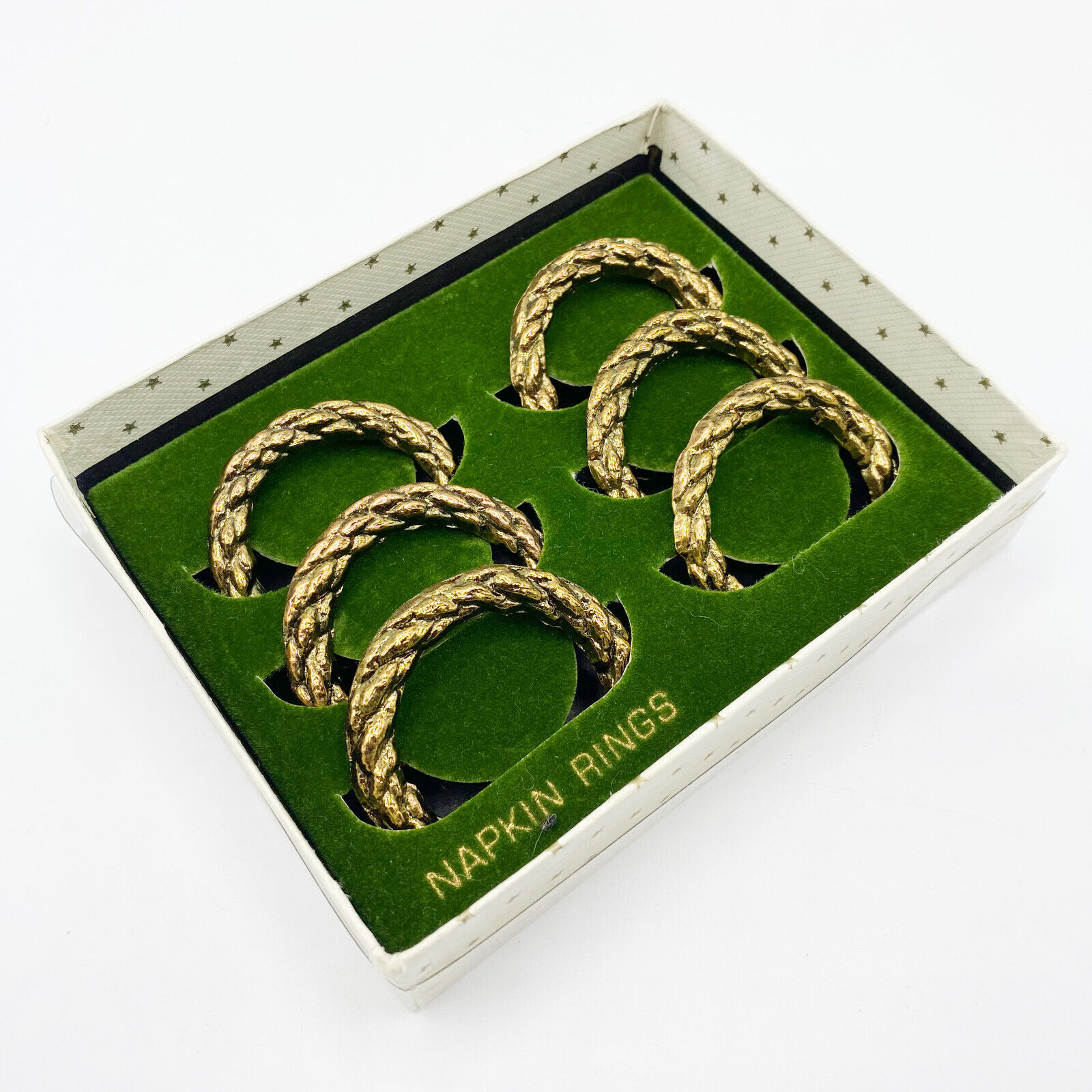 Vintage 80s Set of 6 Cast Metal Gold Tone Rope Napkin Rings in Original Box