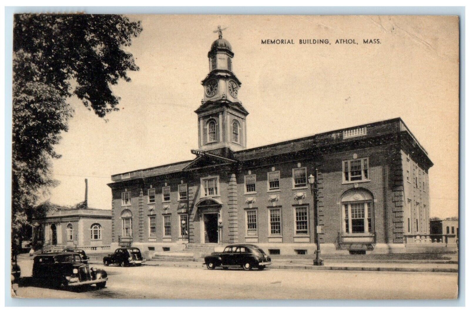 1944 Memorial Building Exterior View Classic Cars Athol Massachusetts Postcard