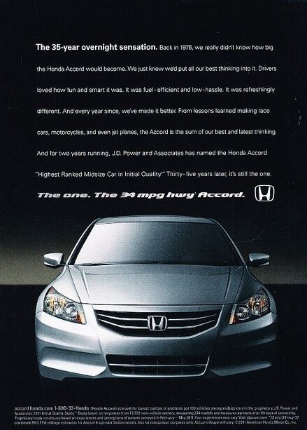 2012 Honda Accord  - Original Advertisement Print Art Car Ad J894