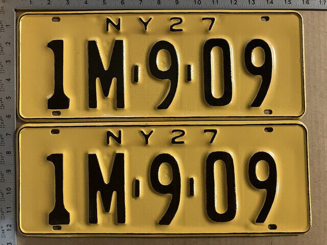 New York 1927 license plate pair 1 M 909 YOM DMV clear Ford Chevy Dodge 8170