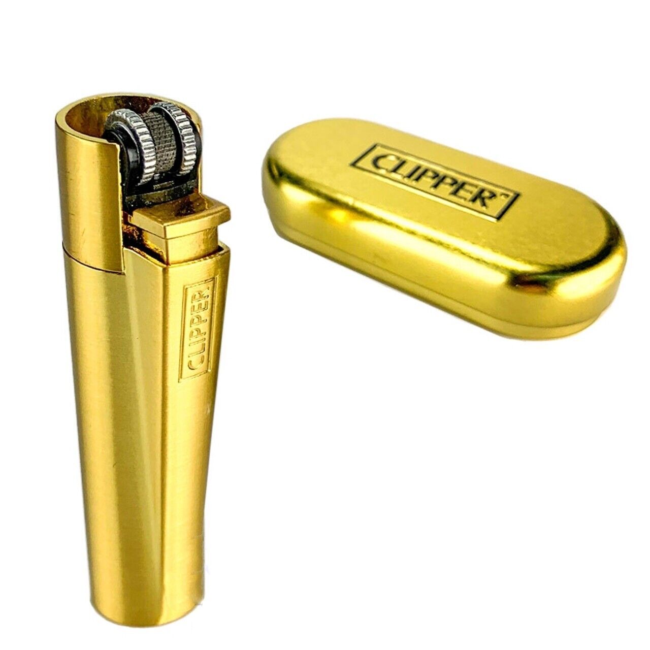 1 x Full Size Refillable Metal Clipper Lighter Gold with Lighter Box Tin