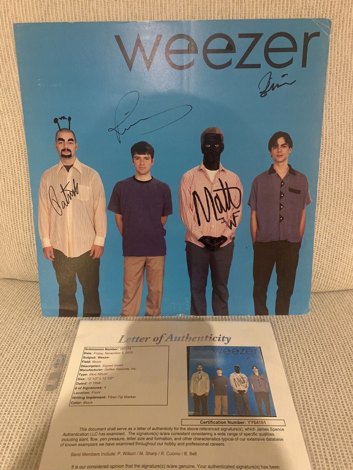 Rare Weezer Signed Blue Album Album Flat - Original Artwork JSA Certified 