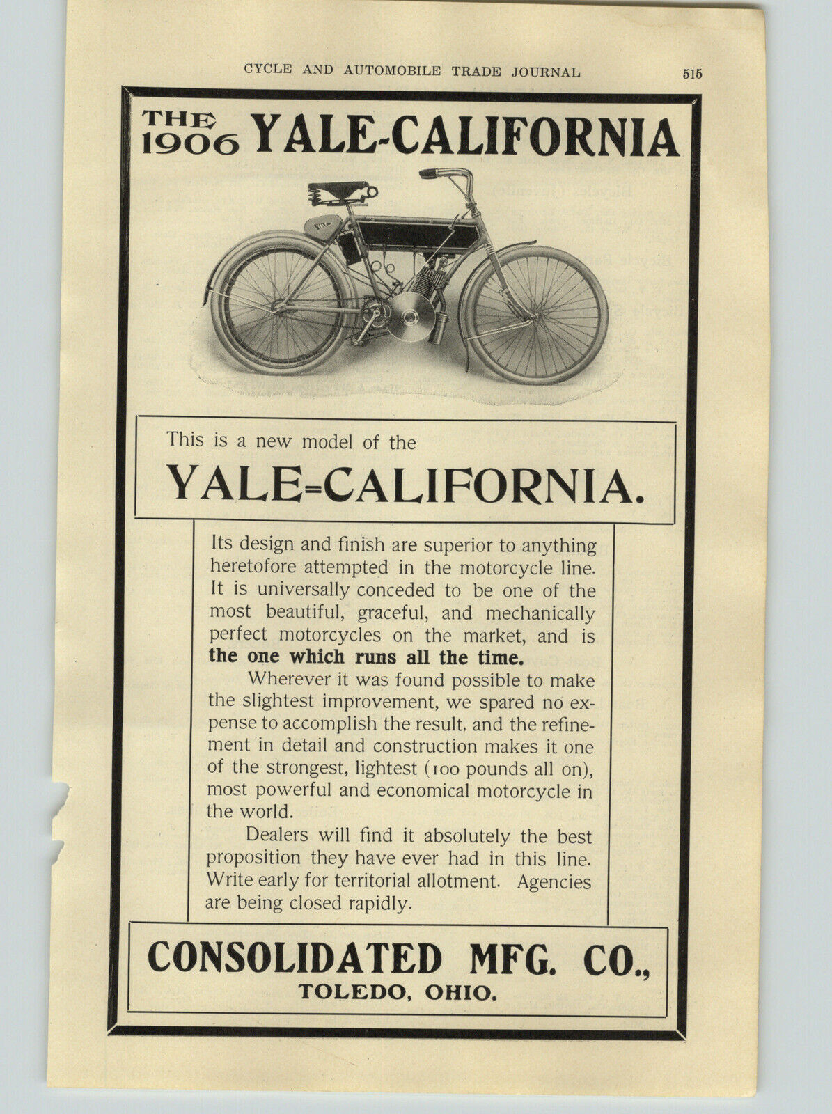1906 PAPER AD Yale California Motorcycle Consolidated Toledo Ohjo