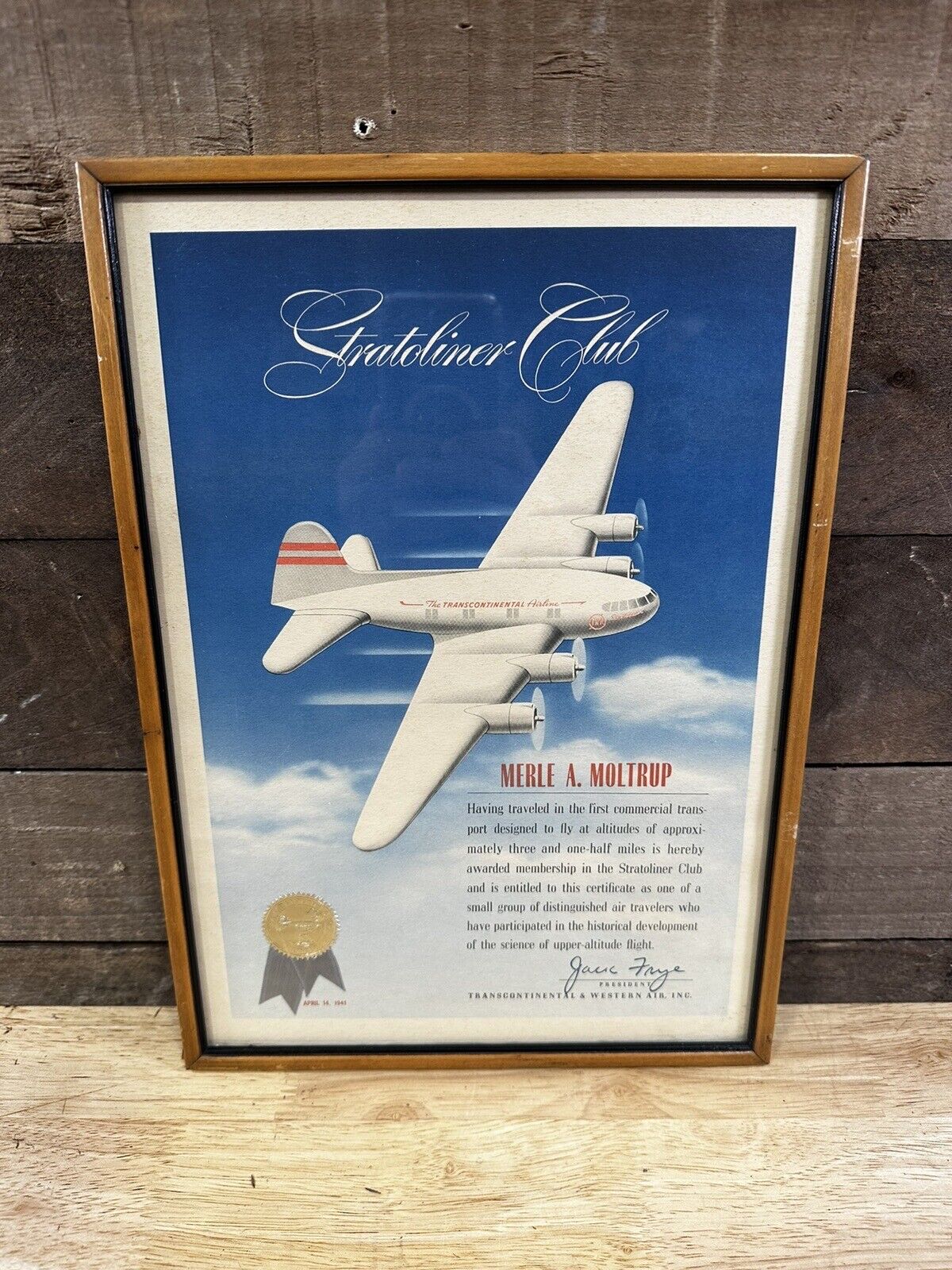 Vintage 1941 Stratoliner Club Transcontinental & Western Flight  Certificate