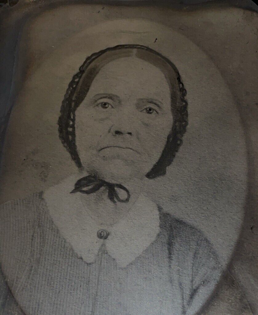 Antique Large Full Plate Tintype Older Woman Portrait With Bonnet
