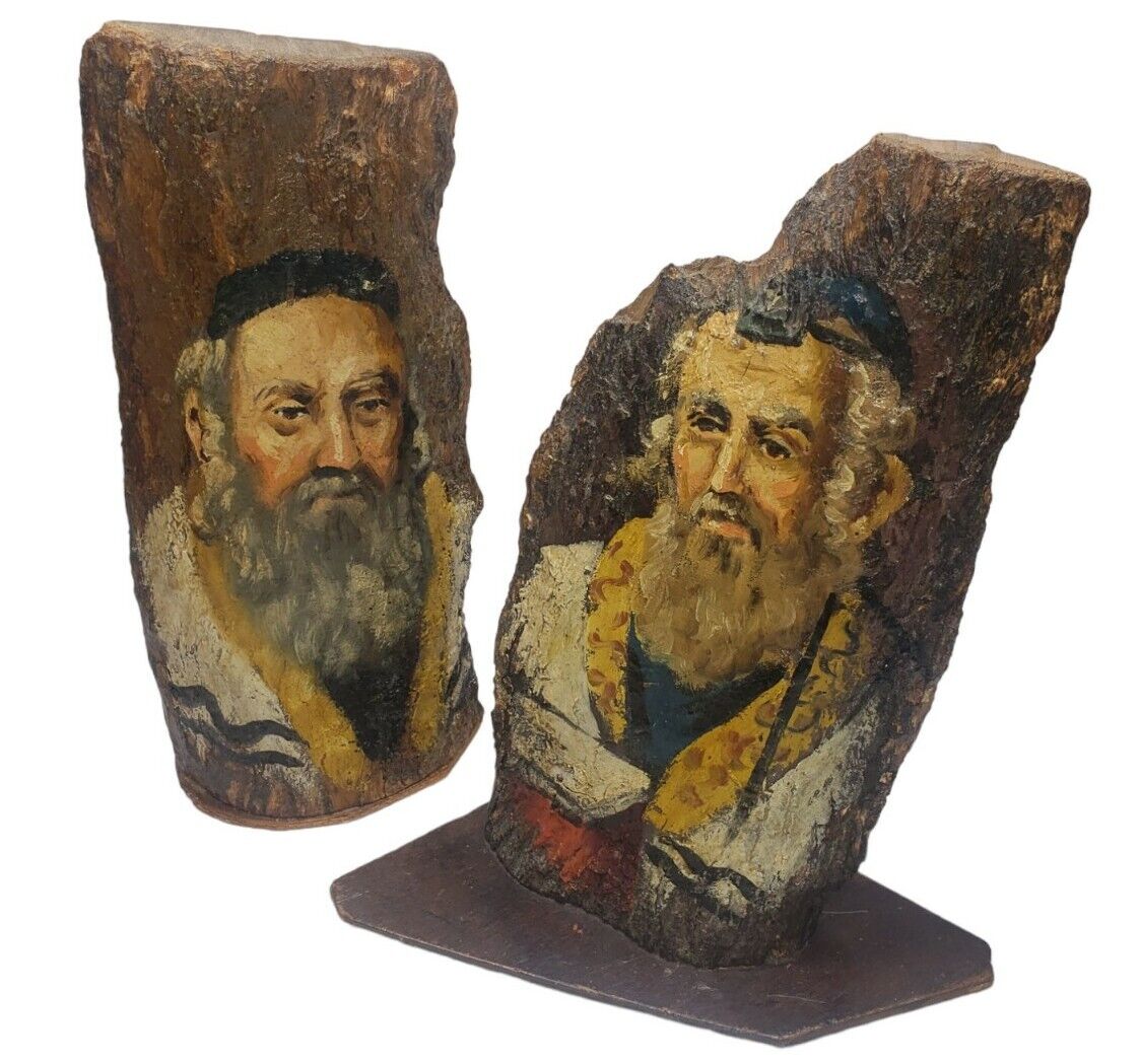 Vintage Oil Painting On Rustic Wood Chunks Jewish Rabbis On Wooden Base Stand