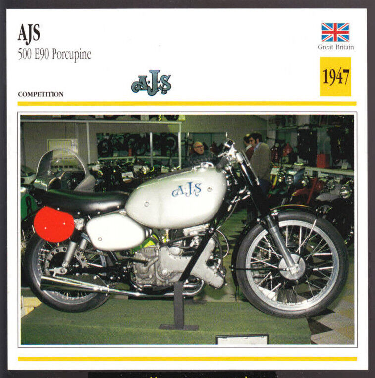 1947 AJS 500cc E90 Porcupine (499cc) Race Motorcycle Photo Spec Sheet Info Card