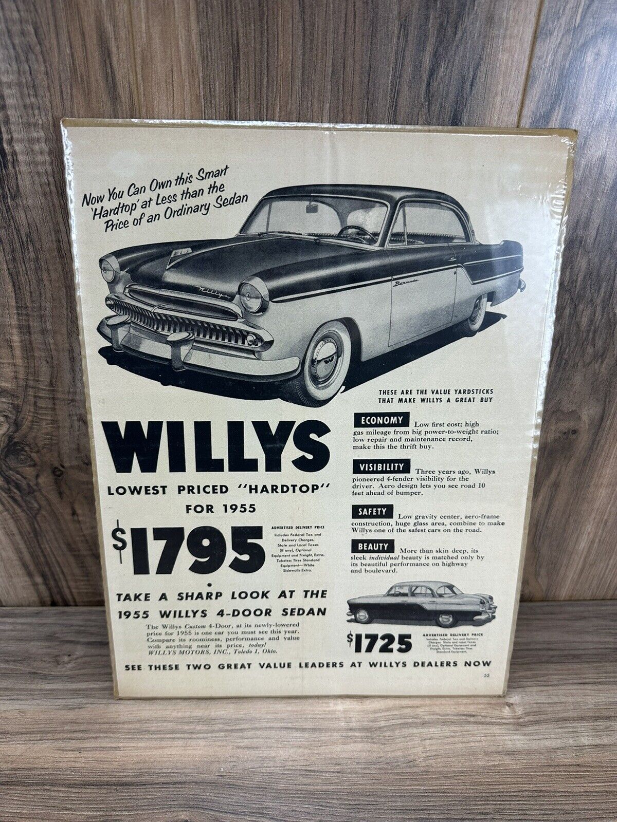 1955 Willys Hardtop Car Sedan Low Price Economy 4-Door Vintage Print Ad 