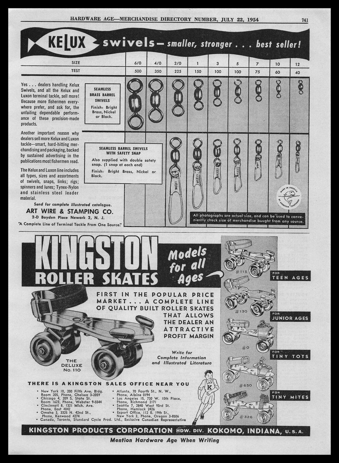 1954 Kingston Products Corporation Roller Skates Kokomo Indiana Vintage Print Ad